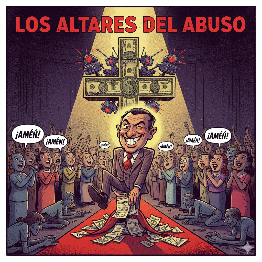 Ilustración moderna que representa el poder de los pastores de megaiglesias y el sufrimiento de las víctimas, simbolizando el abuso y la manipulación religiosa.